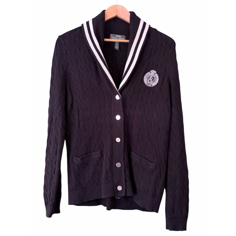 Lauren Ralph Lauren Cardigan Cable Knit Shawl Collar Black White Trim Crest XL